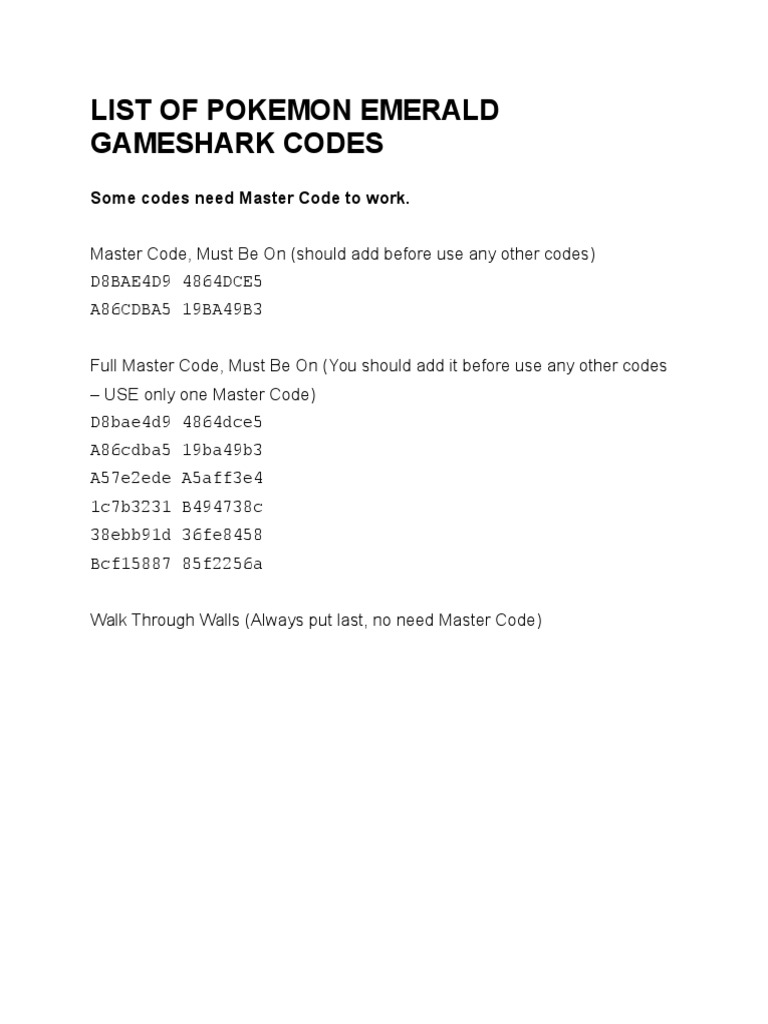 Pokemon Emerald Gameshark Codes, PDF, Foods