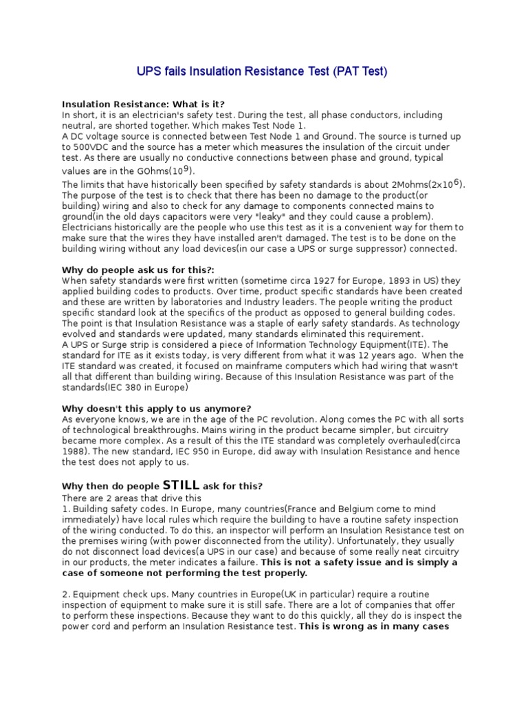 UPS Fails Insulation Resistance Test 5E67 PDF Electrical Wiring