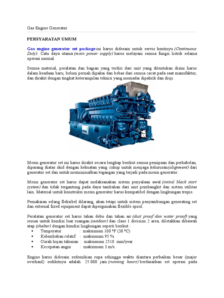Spesifikasi Gas Engine Generator Set | PDF | Teknologi & Rekayasa