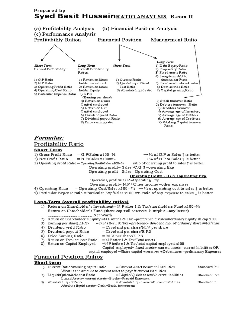 Formulas For Ratio Analysis | PDF | Equity (Finance) | Dividend