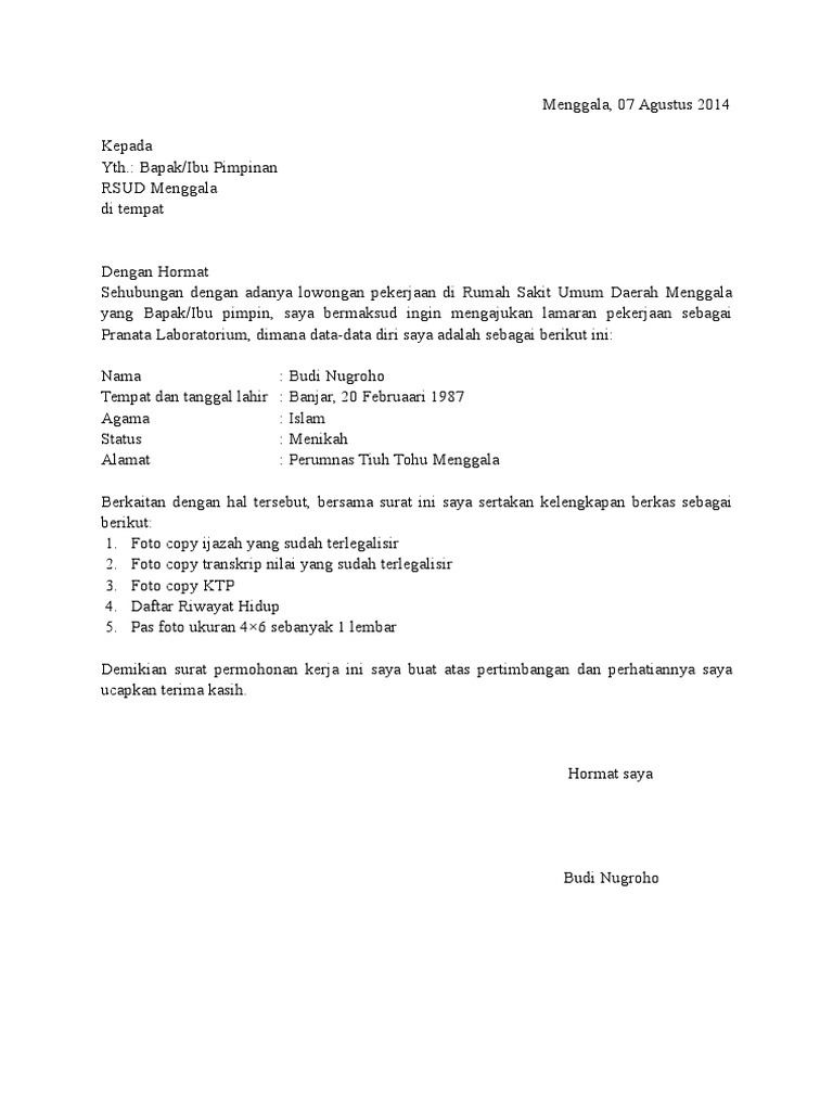 Contoh Surat Lamaran Kerja Bidan Di Rumah Sakit