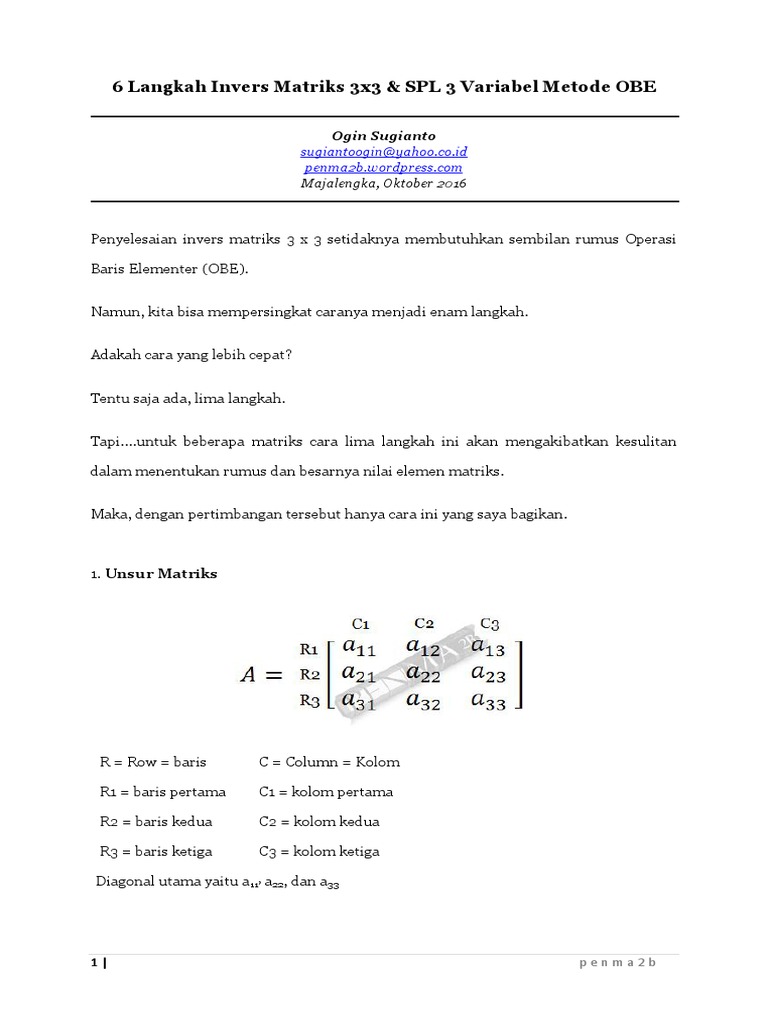 6 Langkah Invers Matriks 3x3 dan SPL 3 Variabel Metode Obe