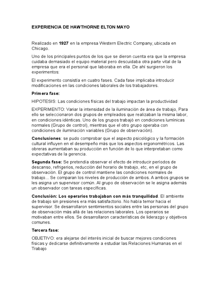 Experiencia de Hawthorne Elton Mayo | PDF | Ciencias del comportamiento ...
