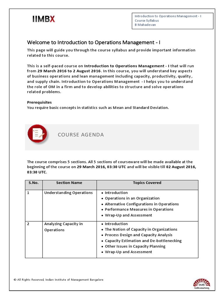 Welcome To Introduction To Operations Management - I: Course Agenda ...