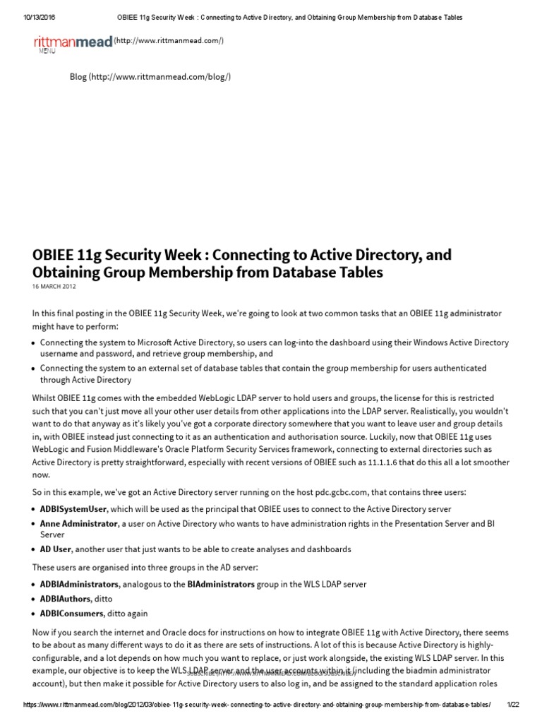 OBIEE 11g Security Week Connecting To Active Directory, and Obtaining