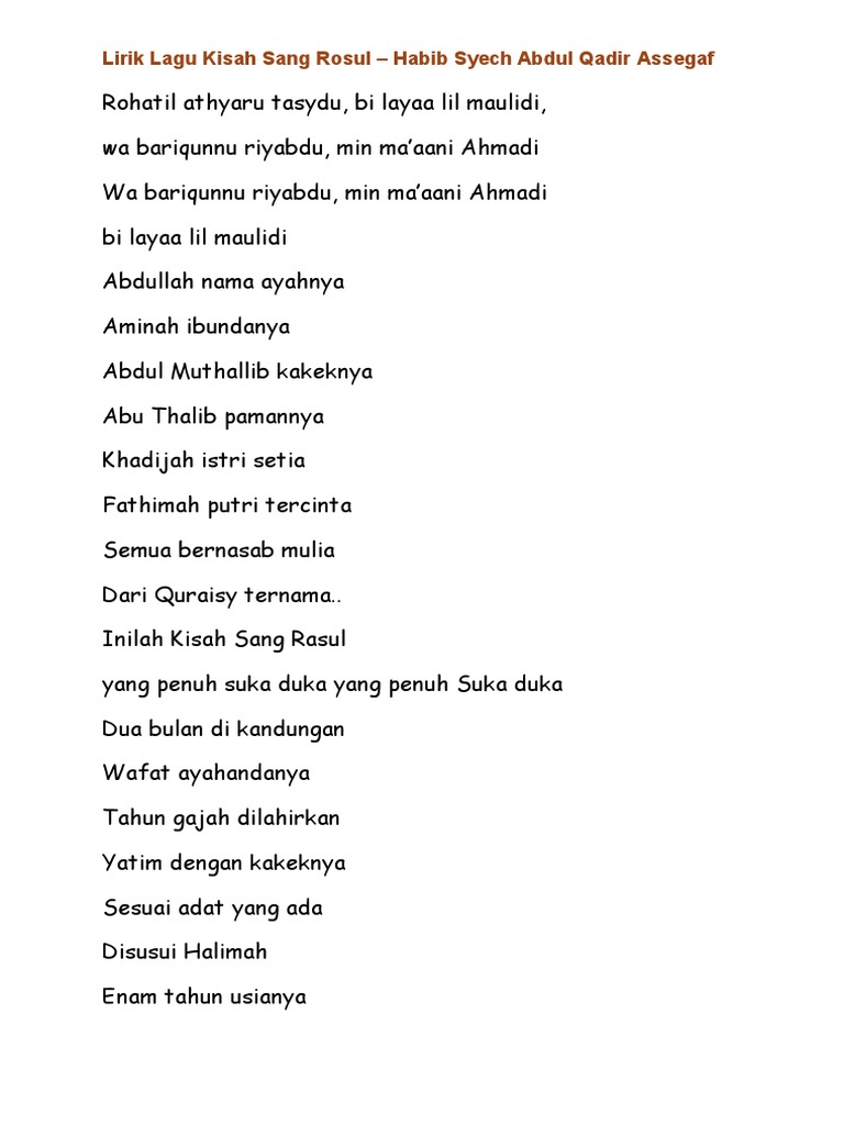 Lirik Lagu Kisah Sang Rosul