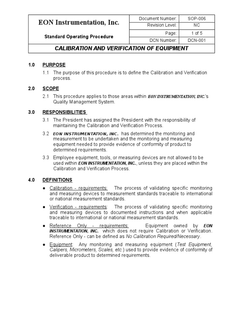 Calibration SOP for EON Equipment | PDF | Calibration | Verification ...