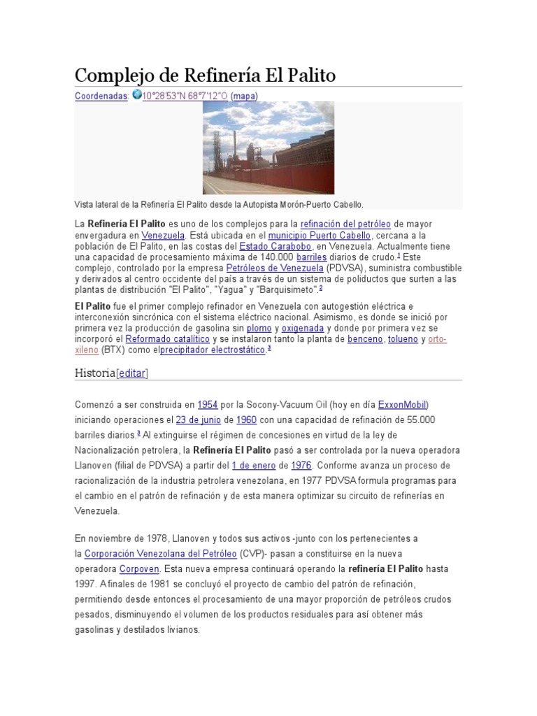 Refinería El Palito: Ubicación y Operaciones | PDF | Destilación | Petróleo