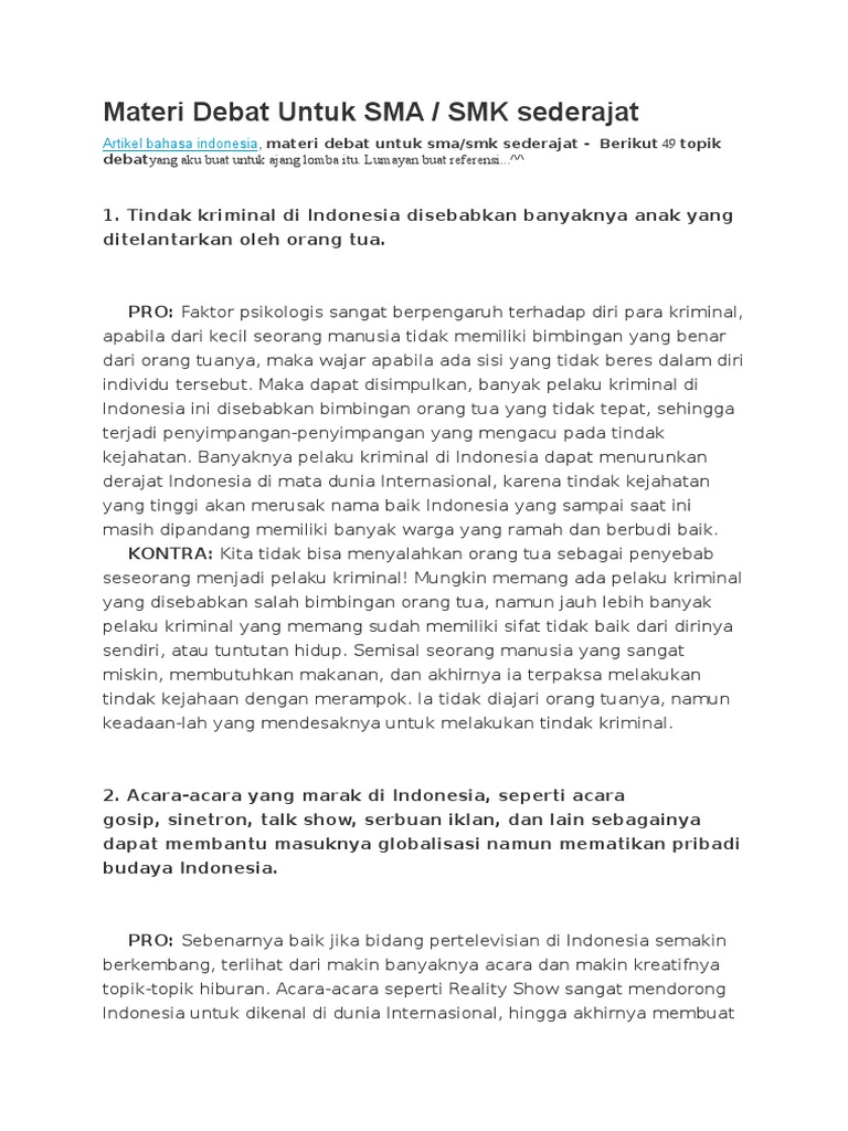 Materi Debat Untuk SMA