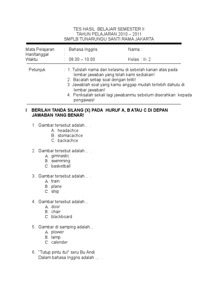 Soal Inggris Tunarungu Smtr 2 Kelas 11