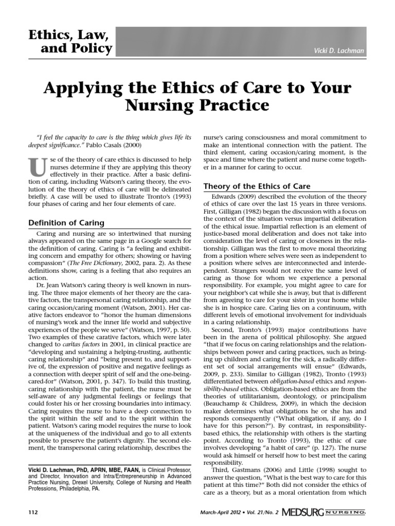 Applying The Ethics of Care To Your Nursing Practice | PDF | Nursing | Pain
