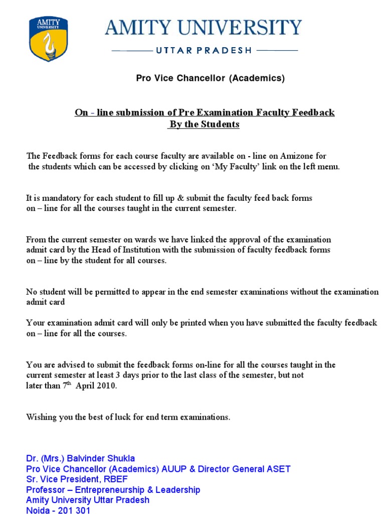 69da6on - Line Submission of Pre Examination Faculty Feedback Notice ...