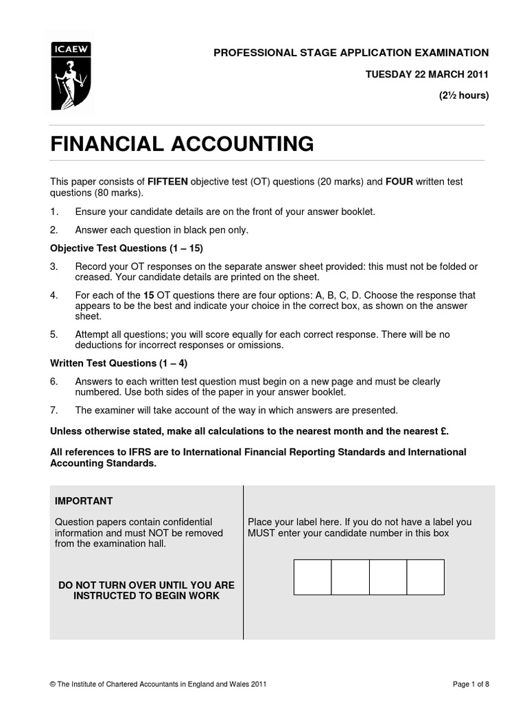 ICAEW Accounting Question Bank for Exame in 2011