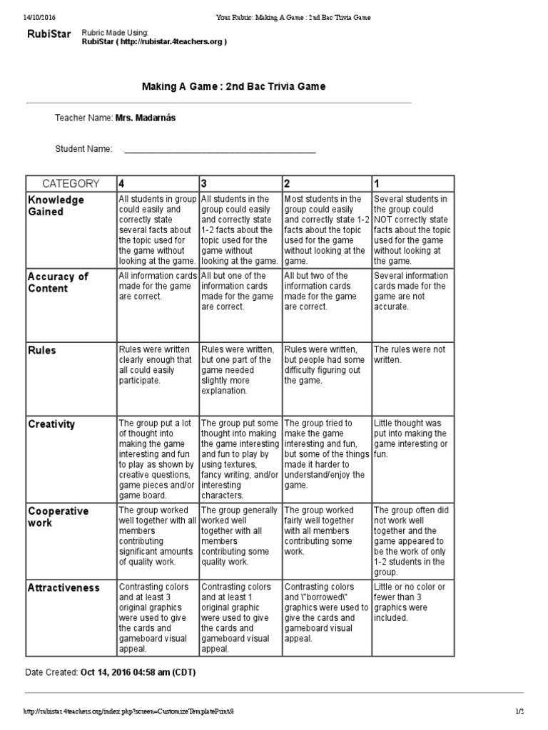 Your Rubric - Making A Game - 2nd Bac Trivia Game | PDF | Rubric ...
