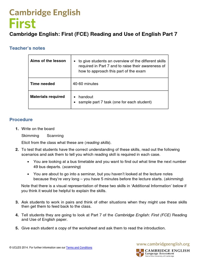 Cambridge English First Fce From 2015 Reading and Use of English Part 7 ...