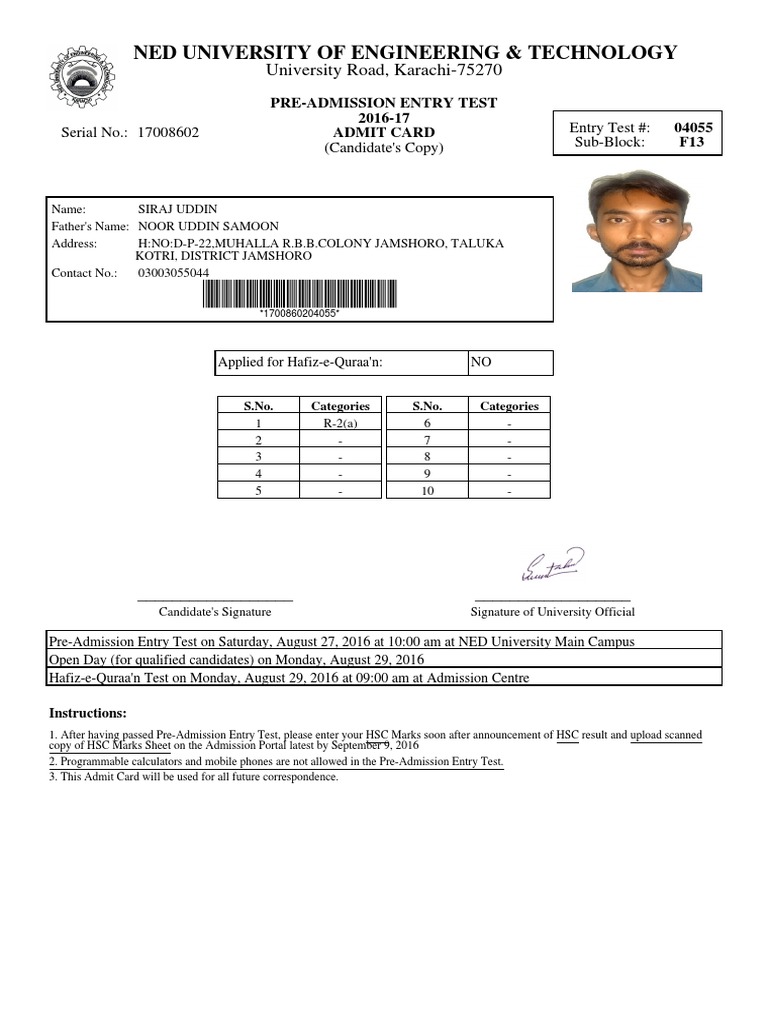 Admitcard Student | PDF