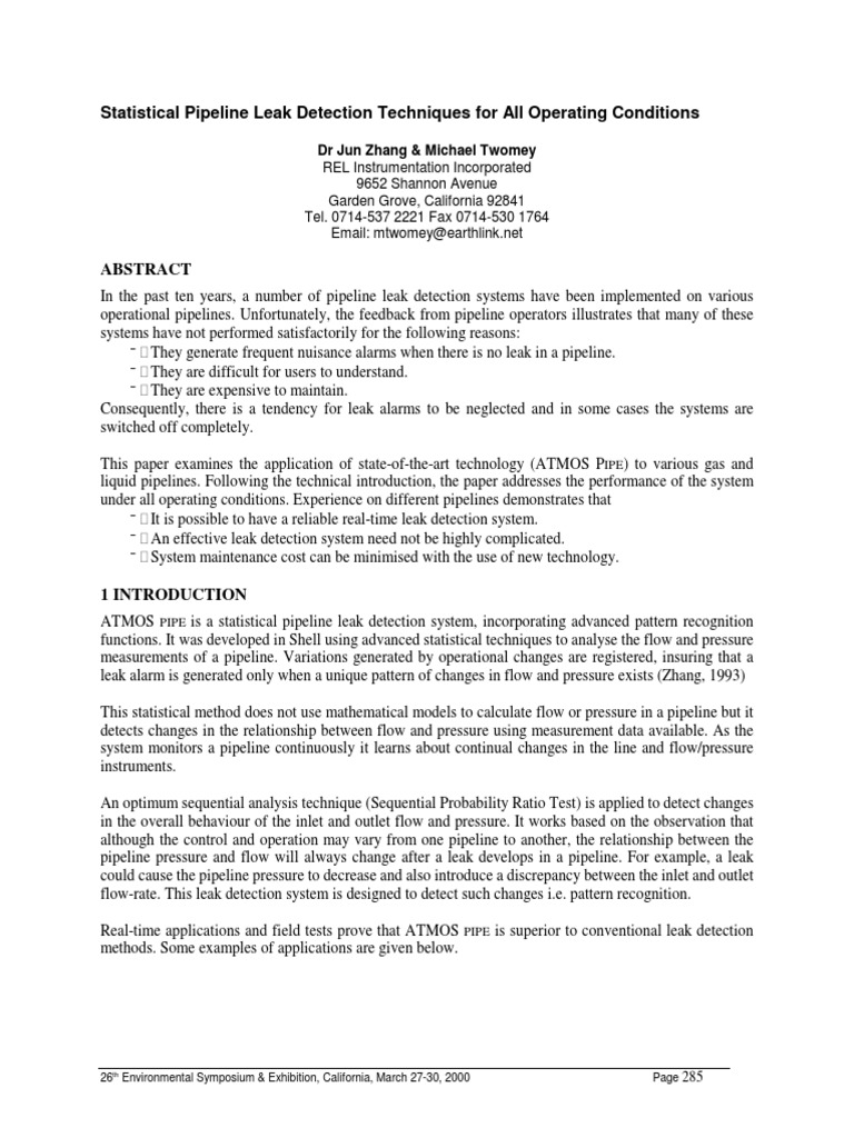Statistical Pipeline Leak Detection Techniques For All Operating Conditions PDF PDF Pipeline
