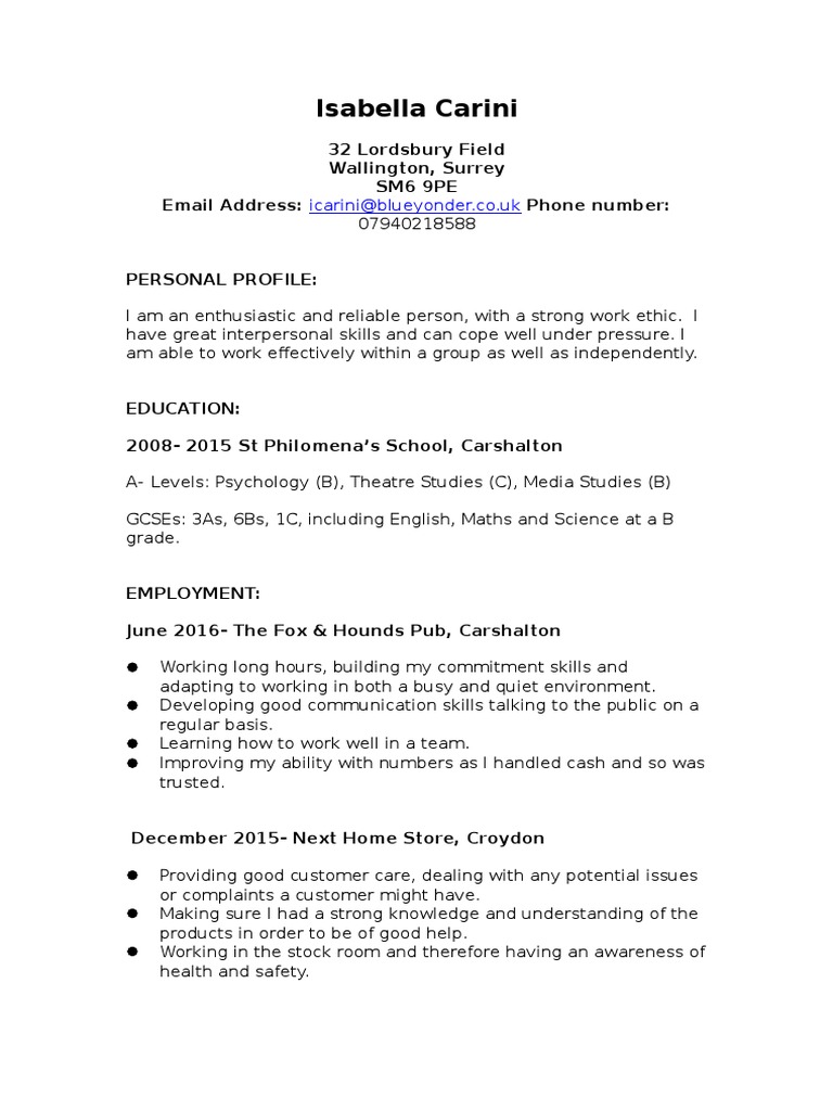 Isabella Carini 32 Lordsbury Field Wallington, Surrey Sm6 9pe Email