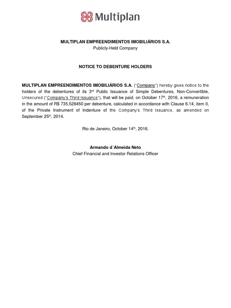 Notice To Debenture Holders PDF