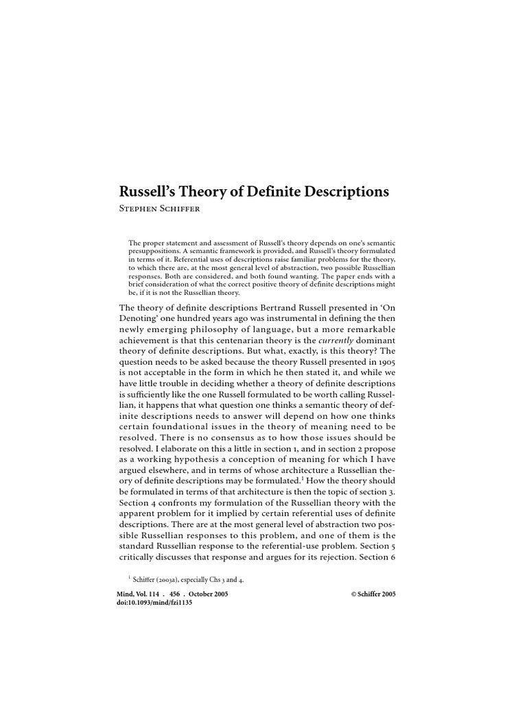 SCHIFFER - Russell's Theory of Definite Descriptions | PDF ...