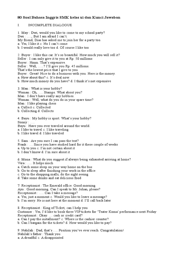 80 Soal Bahasa Inggris Smk Kelas Xi Dan Kunci Jawaban
