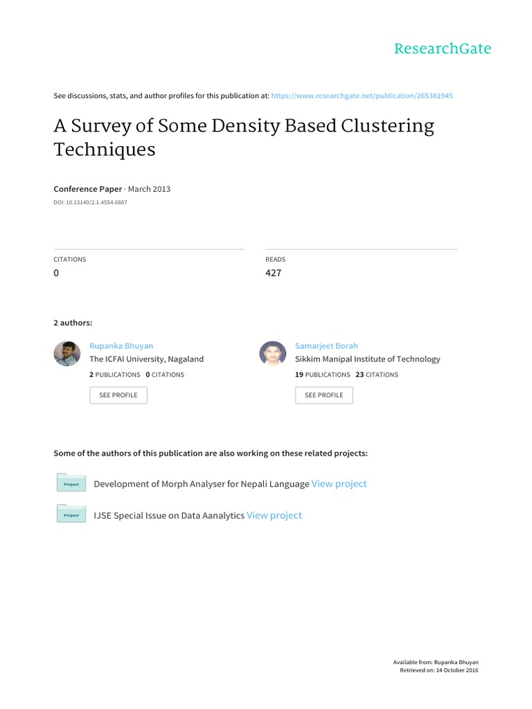 A Survey of Some Density Based Clustering Techniques | PDF