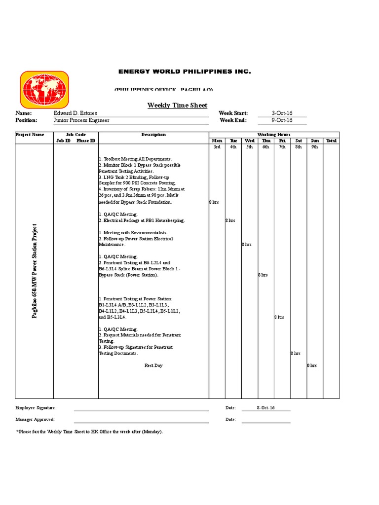 Weekly Time Sheet for Junior Engineer | PDF | Engineering | Economic ...
