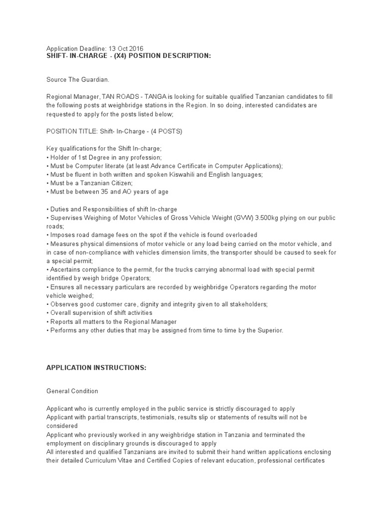 Shift-In-Charge - (X4) Position Description | PDF