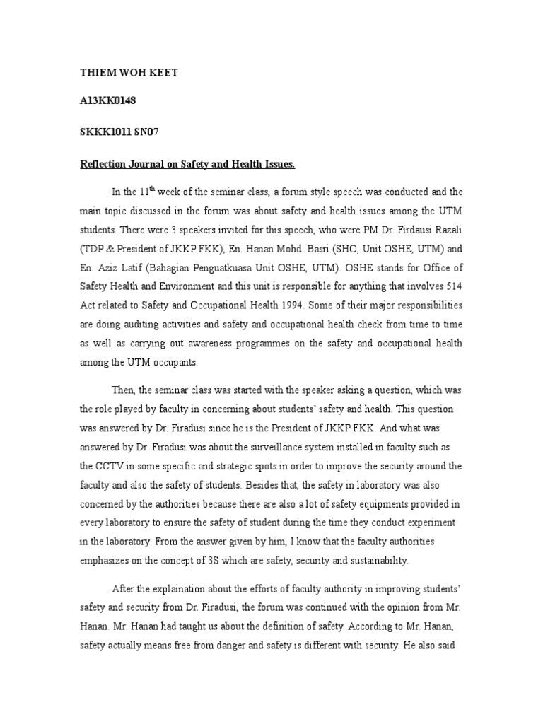 Reflection Journal On Safety and Health Issues. PDF Safety Laboratories
