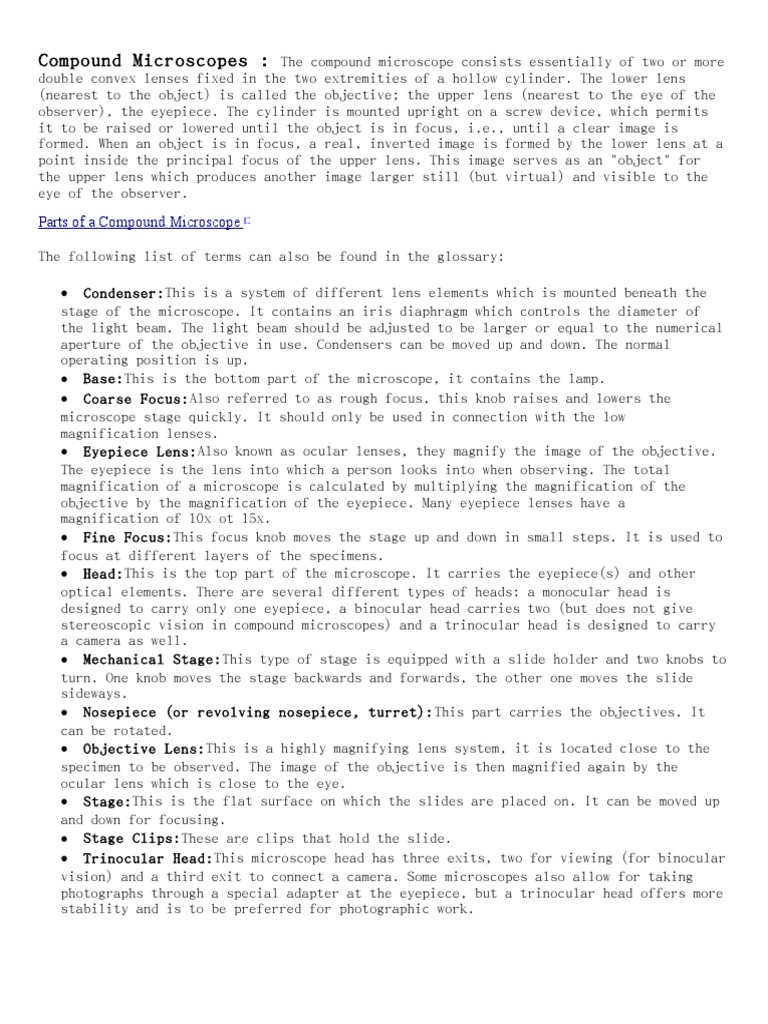 Compound Microscopes Parts of A Compound Microscope PDF Lens