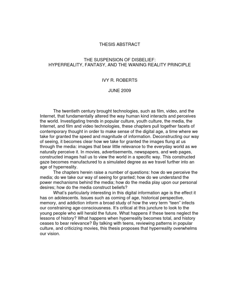 The Suspension of Disbelief Hyperreality, Fantasy, and The Waning Reality Principle PDF