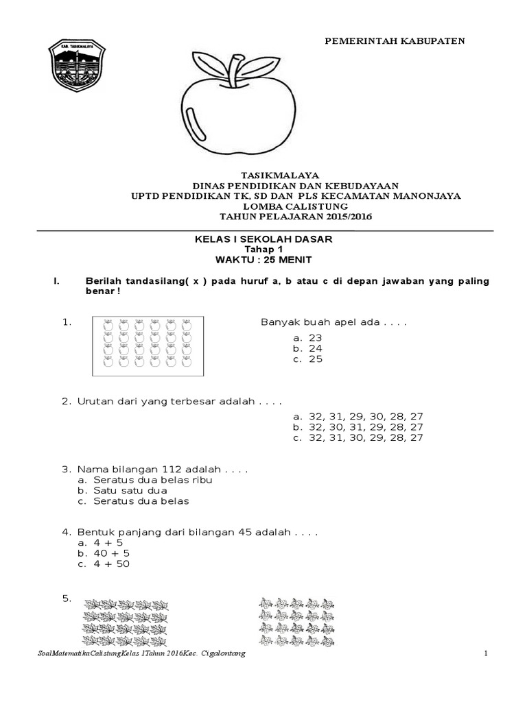 Soal Calistung Tahap 1 Kelas 1