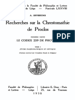 Severyns, Recherches Sur La Chrestomathie de Proclos, Premiere Partie. Le Codex 239 de Photius, Tome 1, Droz 1938