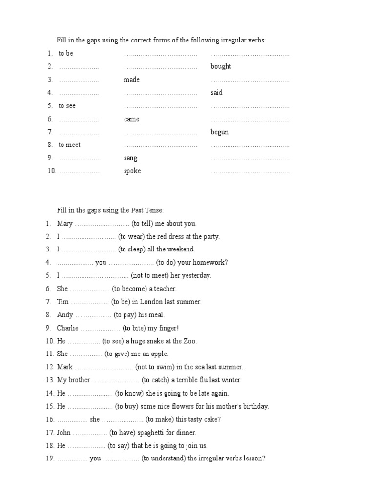 Past Simple Irregular Verbs Exercises | PDF | Linguistic Typology | Syntax