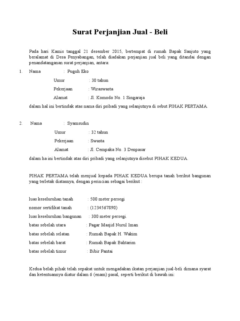 Surat Perjanjian Jual Beli Tanah Dan Bangunan