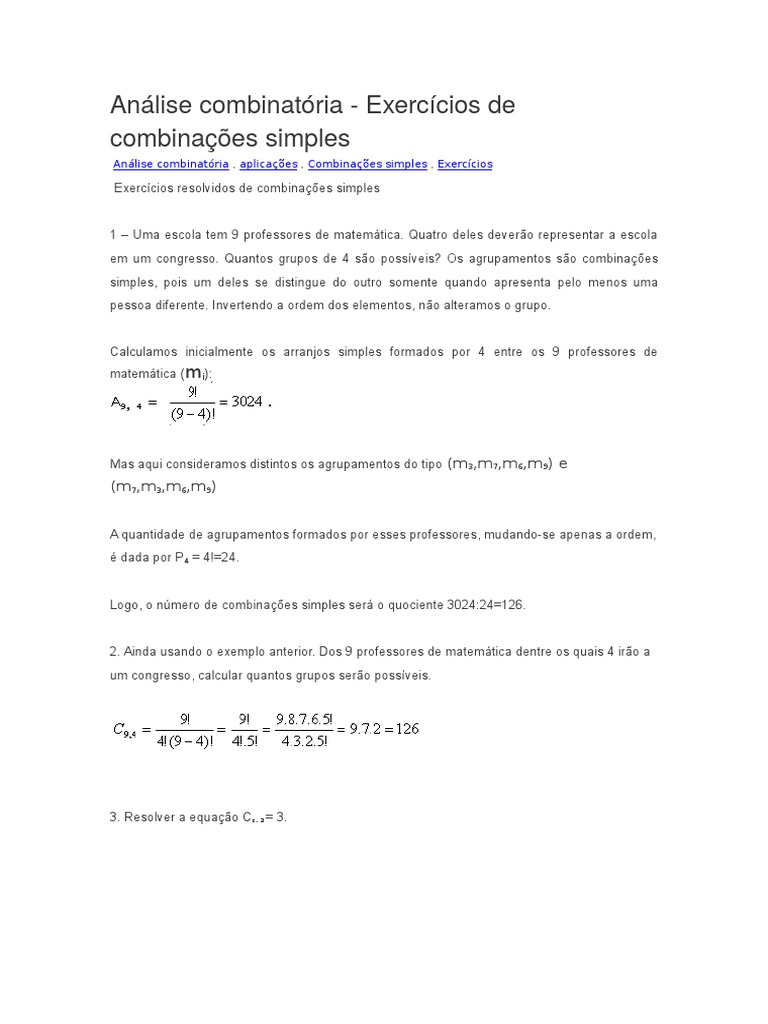 Análise Combinatória Exercicios Resolvidos | PDF | Combinatória | Voleibol