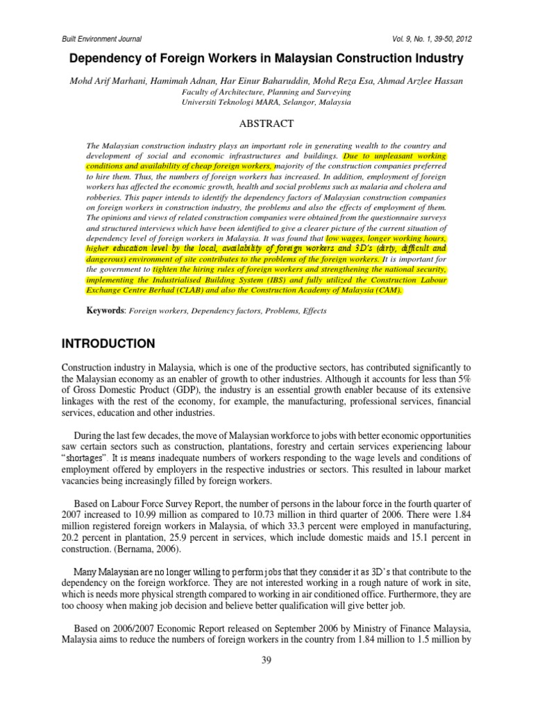 1 Dependency of Foreign Workers in Malaysian Construction Industry PDF ...