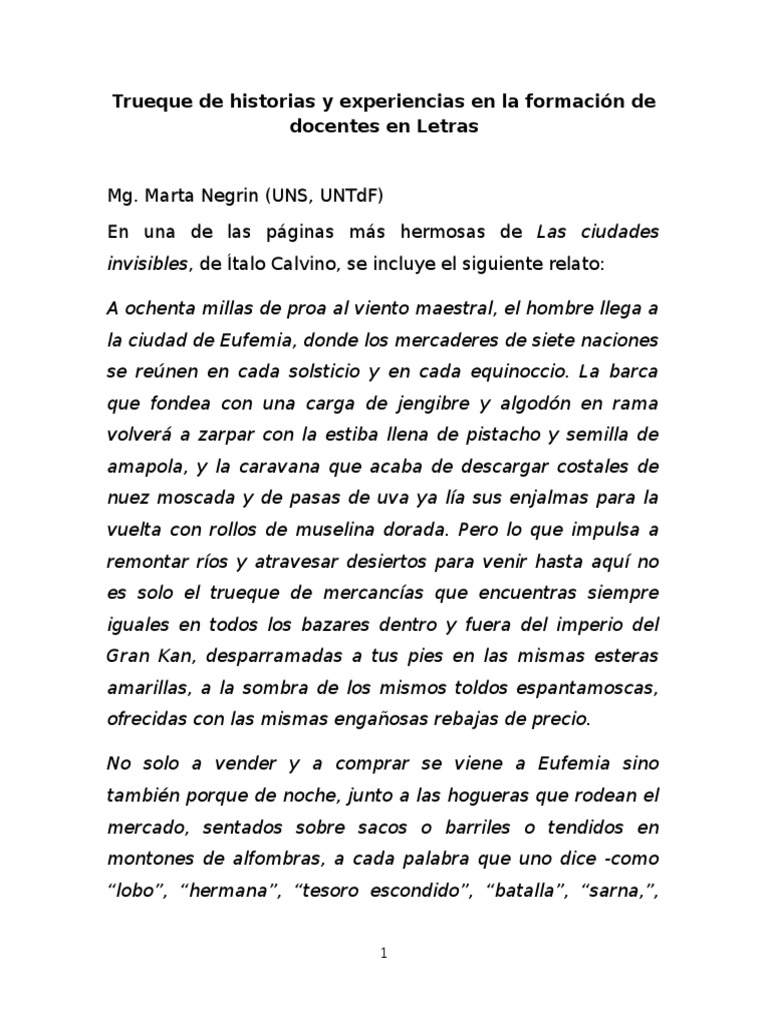 Trueque de Historias y Experiencias en La Formación de Docentes en ...