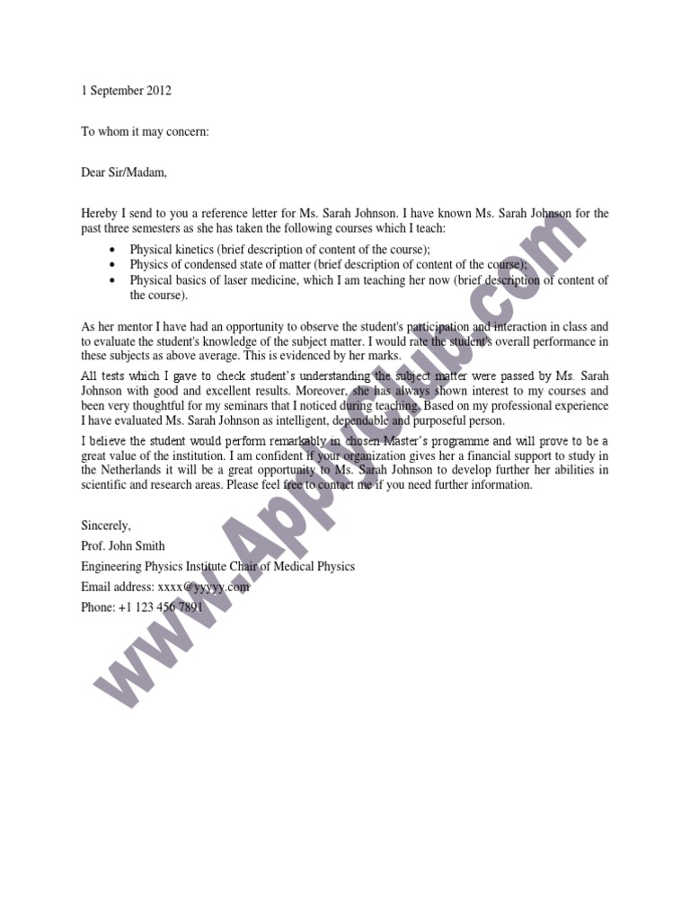 Write a recommendation letter for physics picture