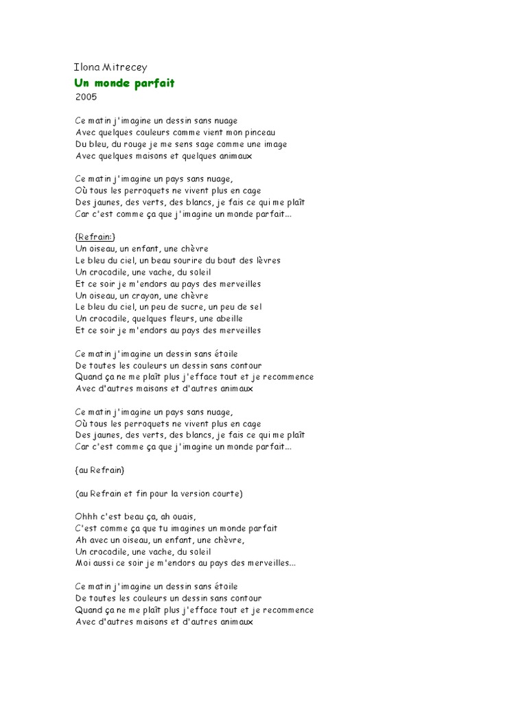 Ilona C Est Les Vacances Paroles Ilona: Un Monde Parfait | PDF