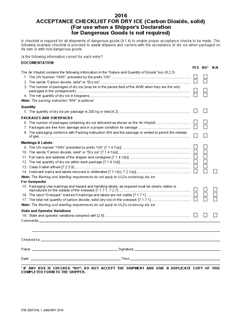 Dry Ice Acceptance Checklist 2016 | PDF | Business
