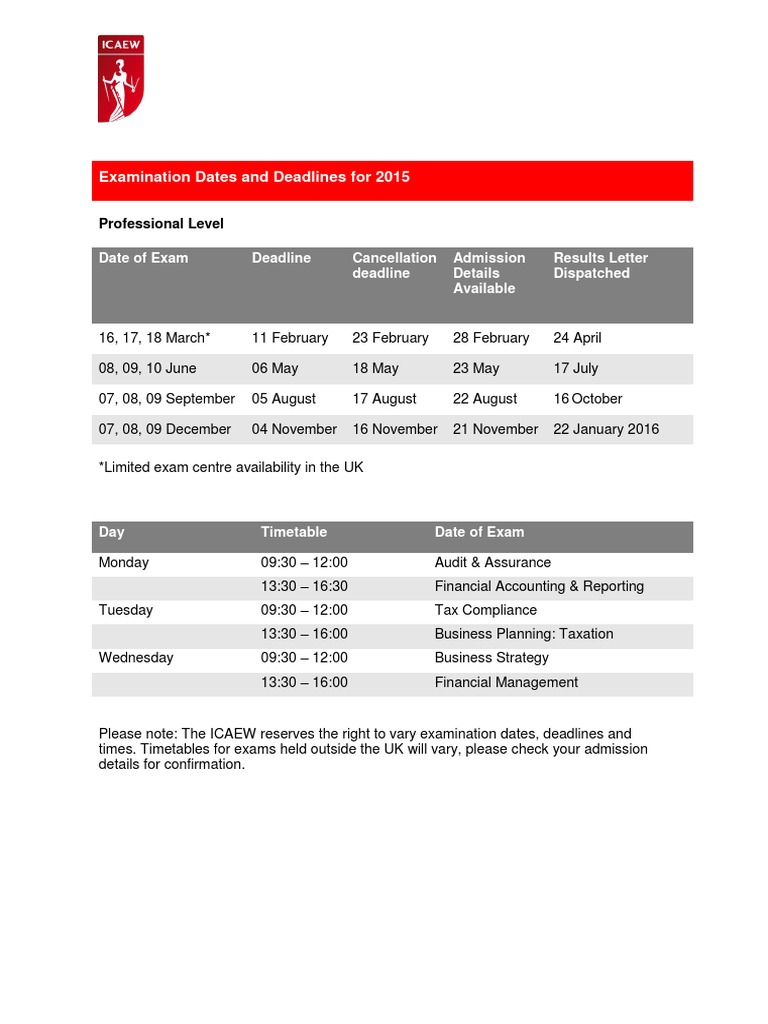 ACA Examination Dates and Deadlines PDF