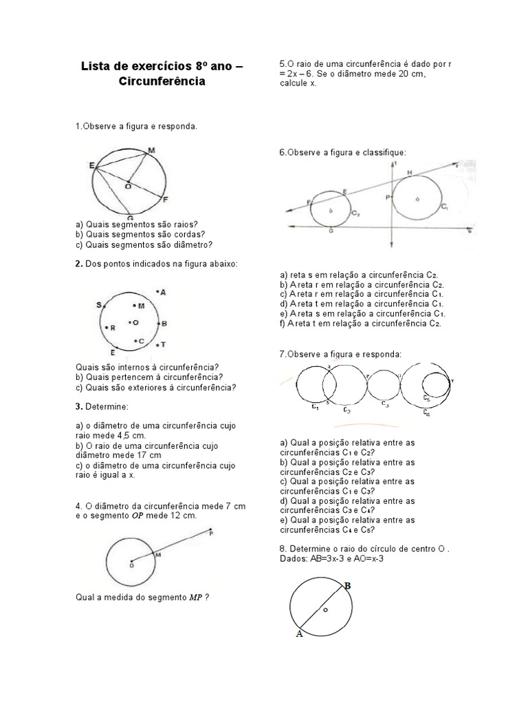 Lista de Exercicios 8ano Circunferencia | PDF