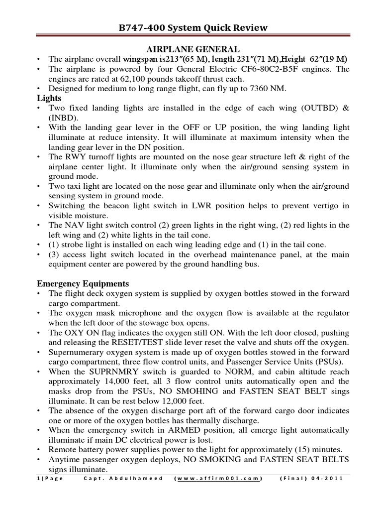 B747-400 System Overview and Specs | PDF | Flap (Aeronautics) | Aerospace Engineering