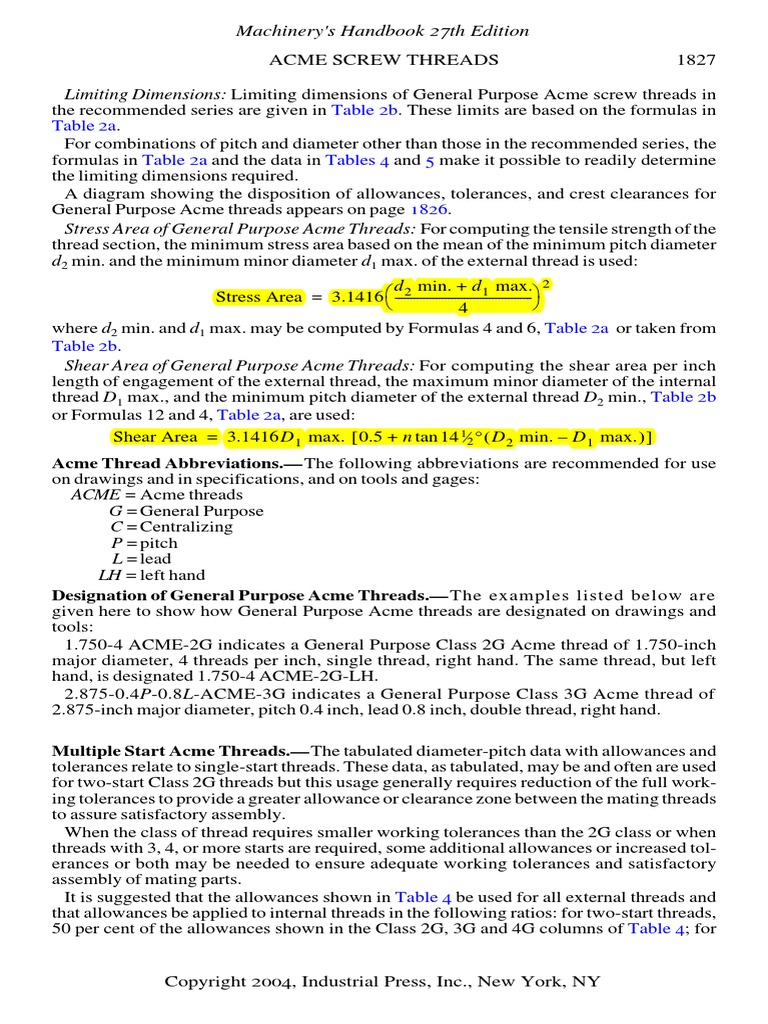 ACME Threads Calculation PDF Metalworking Mechanical Engineering