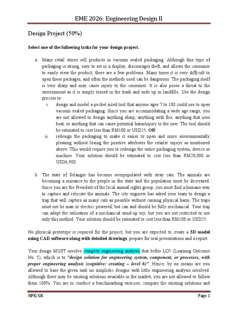 EME 2026: Engineering Design II Design Project (50%) : Select One of ...