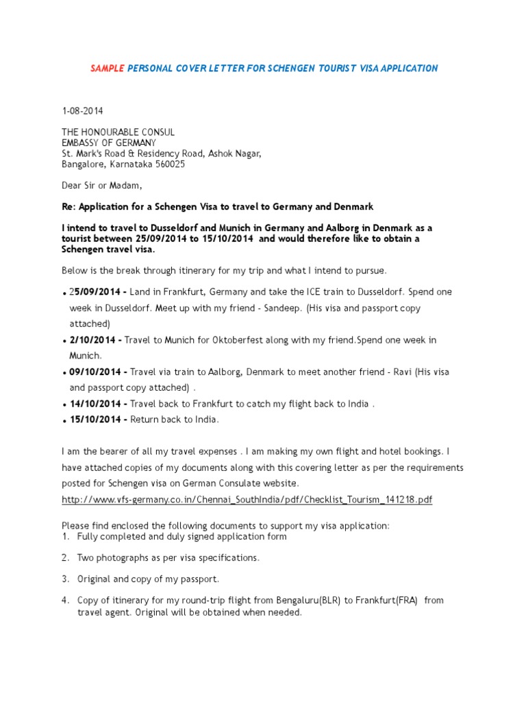 Personal Cover Letter Schengen Visa Immigration Law Official Documents