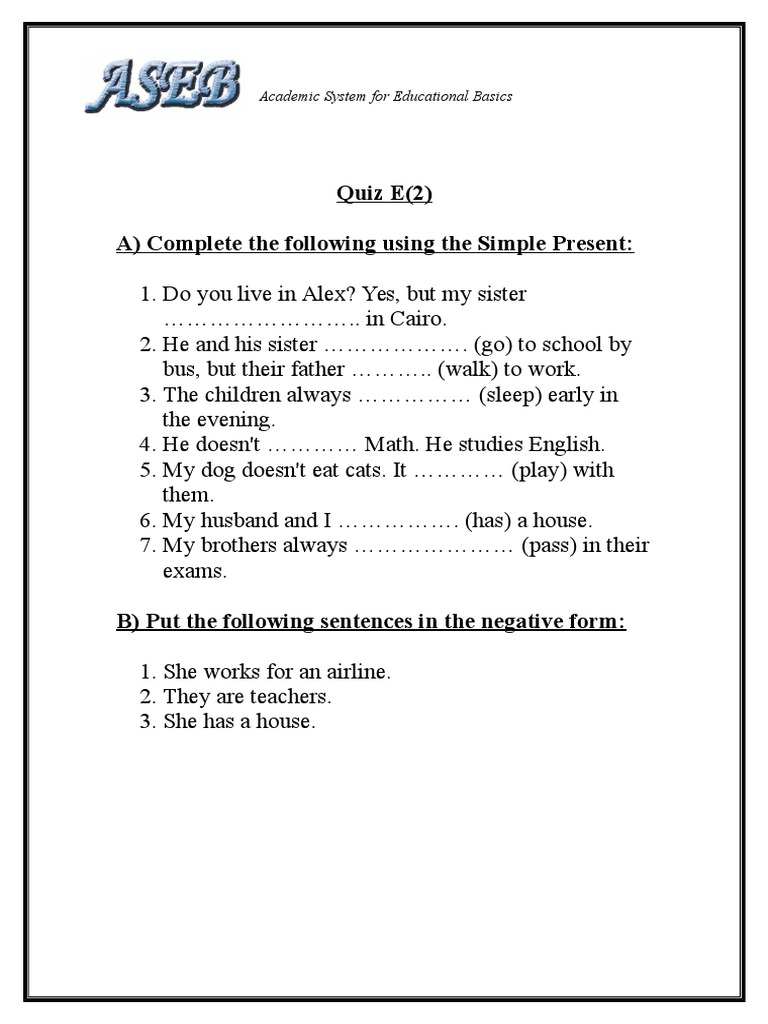 Simple Present Tense Quiz for Students | PDF