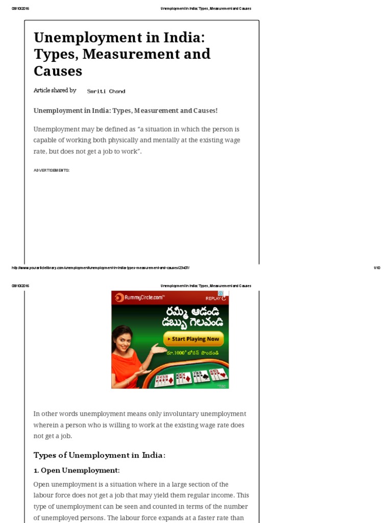 Unemployment in India - Types, Measurement and Causes | PDF