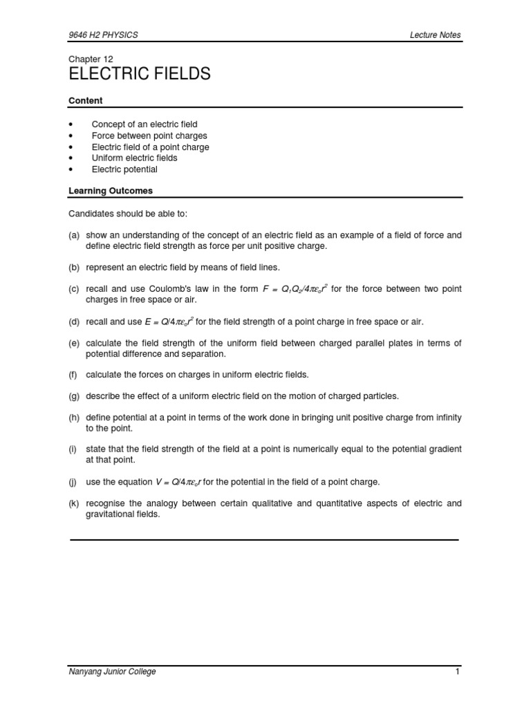 Electric Fields Notes Electric Field Potential Energy Free 30day
